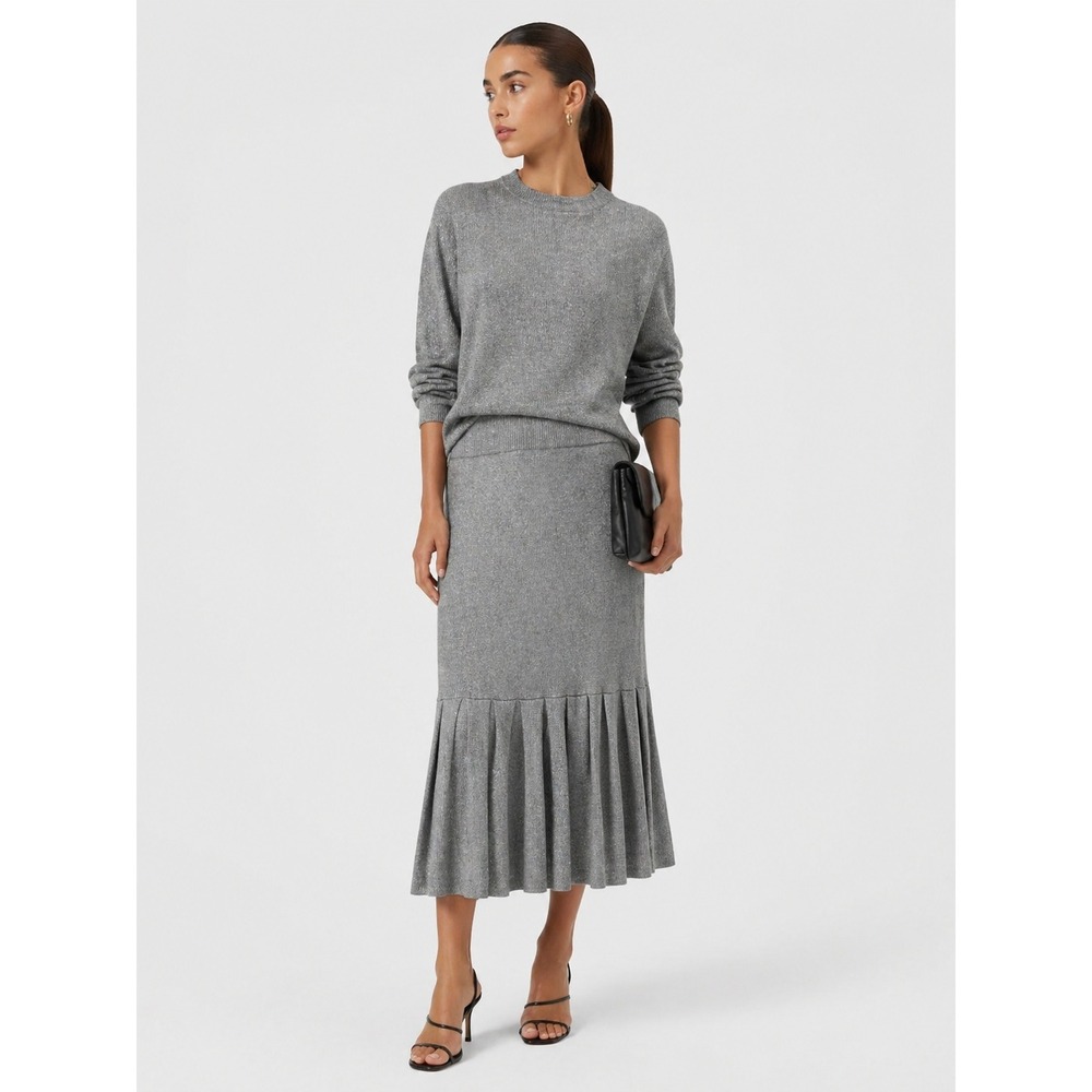 NAIN Silver Metallic Knit Pleated Hem Midi Skirt Gray Minimalist Size Free OS
